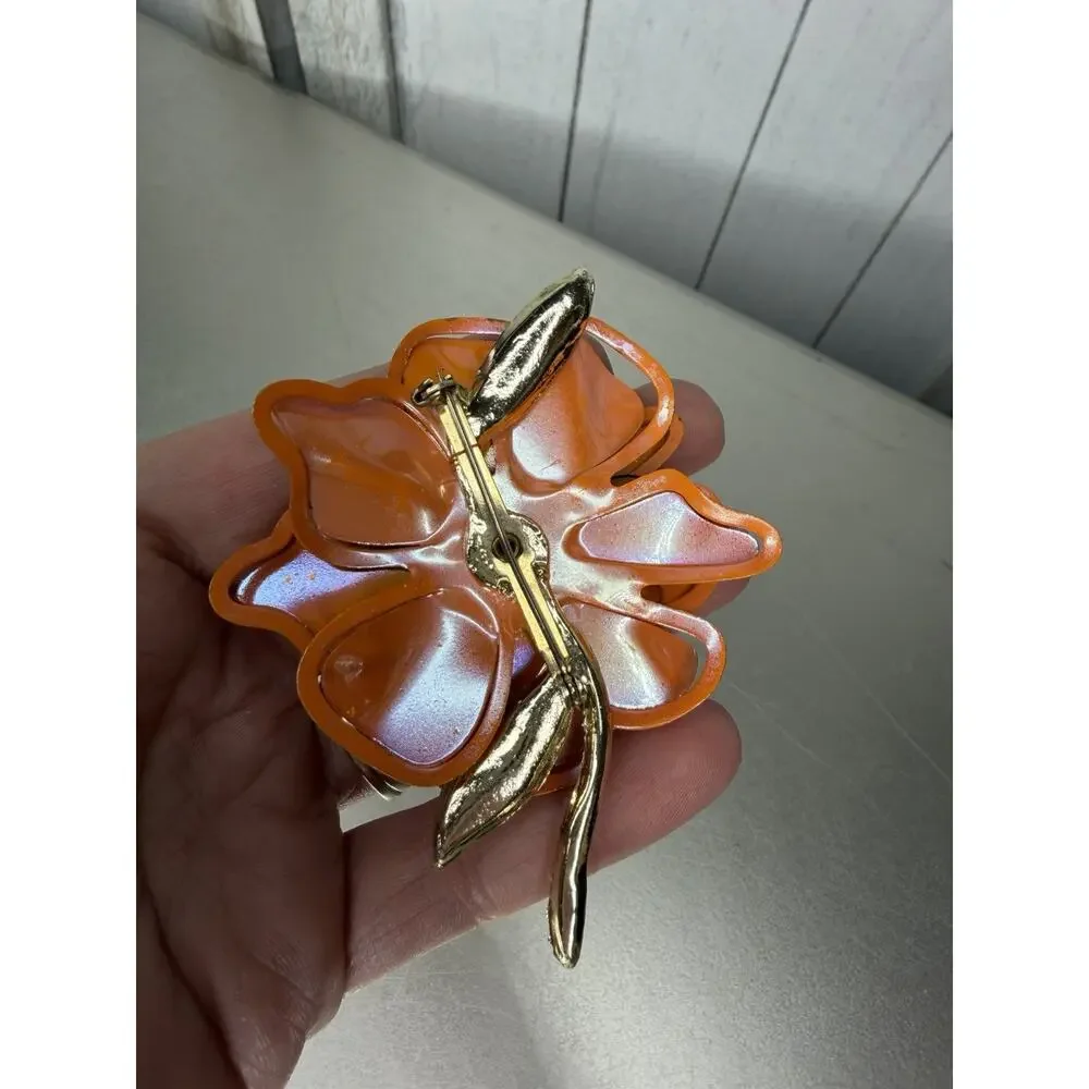 Vintage Iridescent Orange Enamel 3D Flower Brooch Large Layered Pin Pearl Center